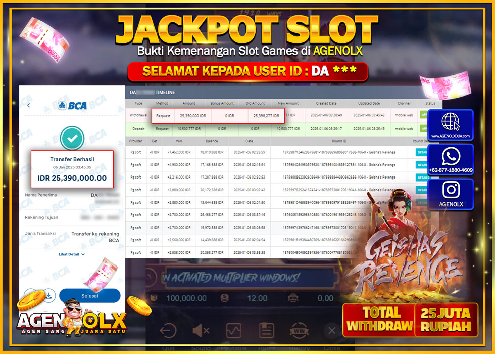 AGENOLX JACKPOT SLOT GEISHA REVENGE Rp 25.000.000,- LUNAS