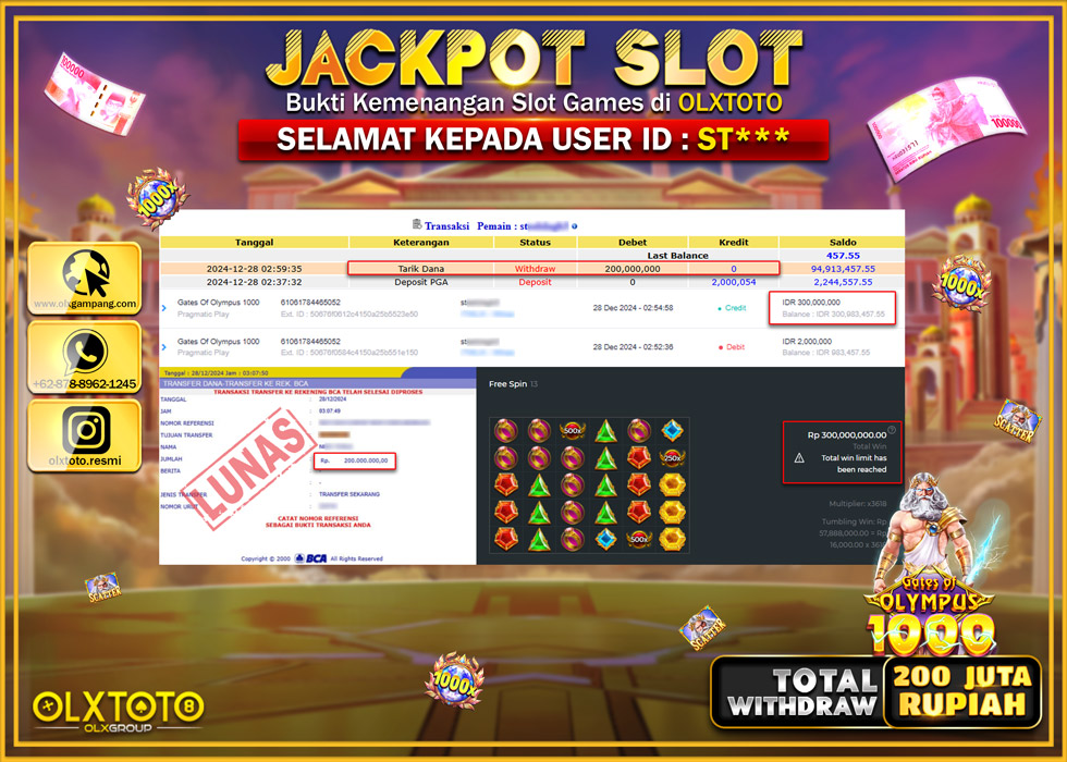 OLXTOTO JACKPOT  SLOT GATES OF OLYMPUS 1000  Rp.200.000.000.,- LUNAS
