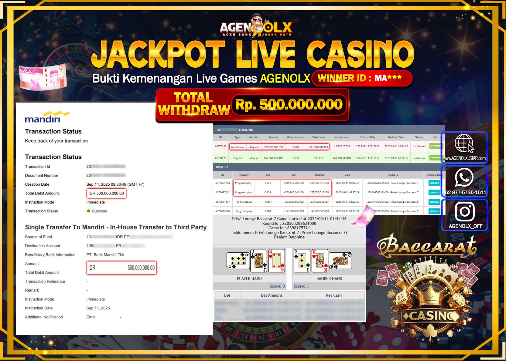 AGENOLX JACKPOT LIVE CASINO PRIVE LOUNGE BACCARAT 7   Rp 500,000,000,- LUNAS
