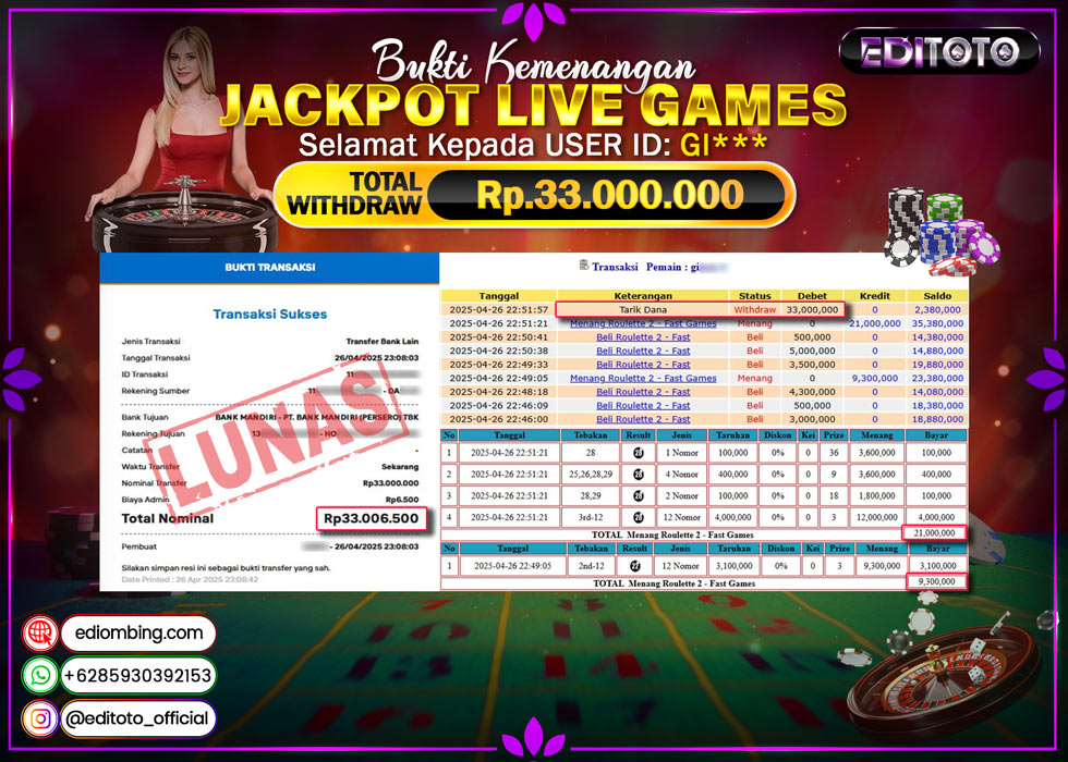 JACKPOT EDITOTO LIVE GAME ROULETTE Rp.33.000.000.,- LUNAS