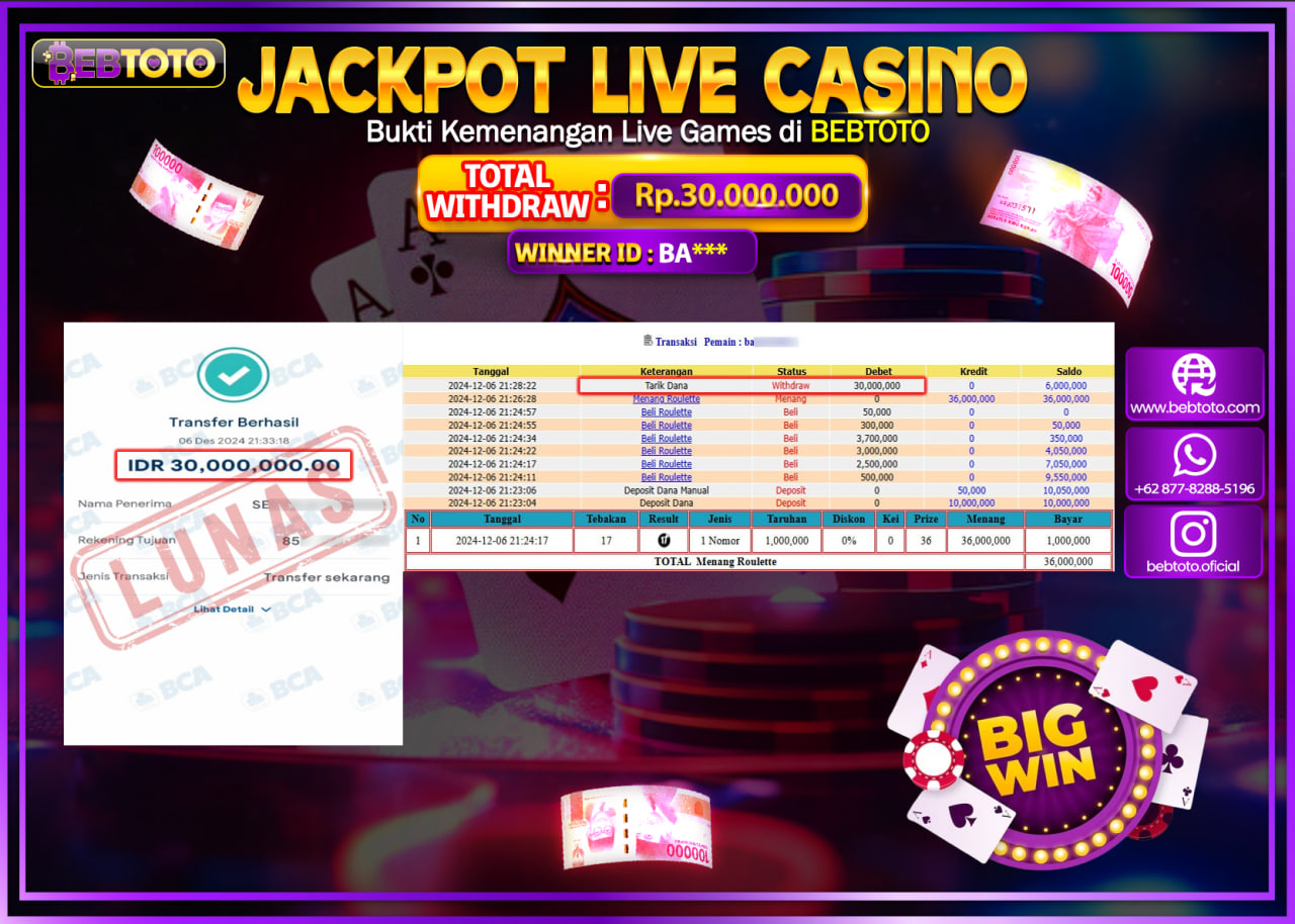 JACKPOT LIVE CASINO BEBTOTO ROULETTE Rp.30.000.000.,- LUNAS