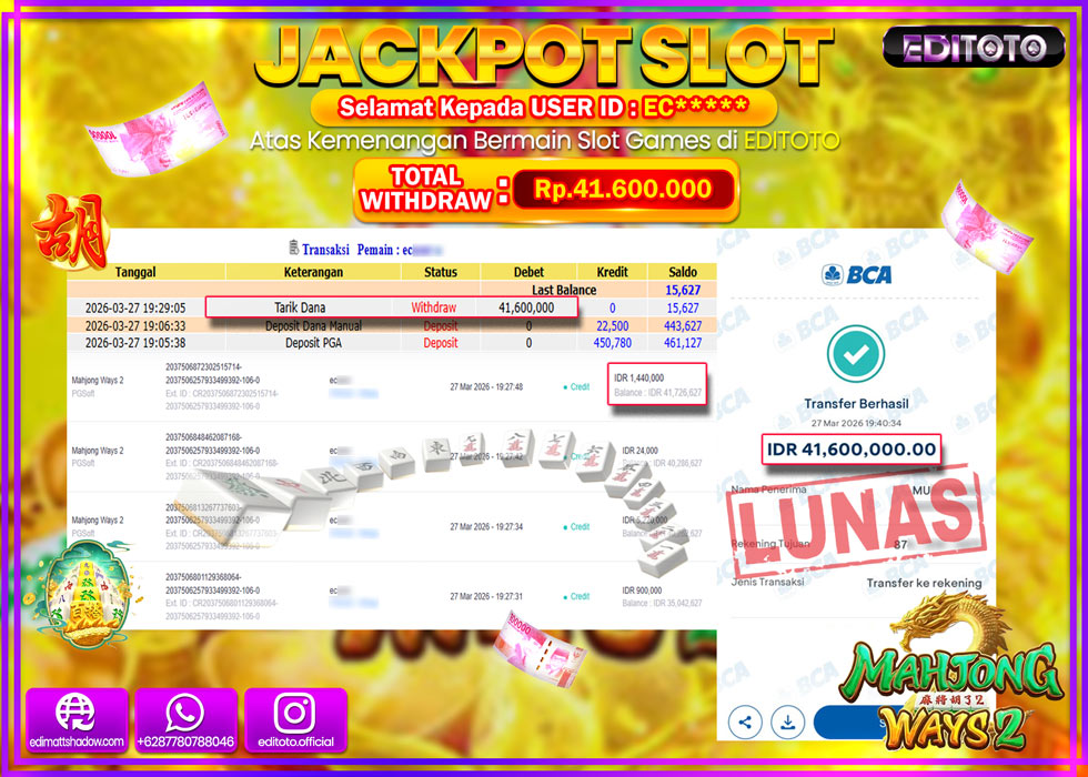 JACKPOT EDITOTO SLOT MAHJONG WAYS 2 Rp.41.600.000,- LUNAS