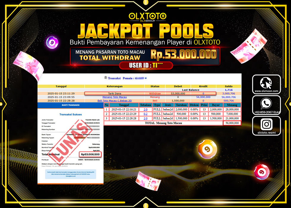 OLXTOTO JACKPOT  TOGEL POOL TOTO MACAU Rp.53.000.000.,- LUNAS