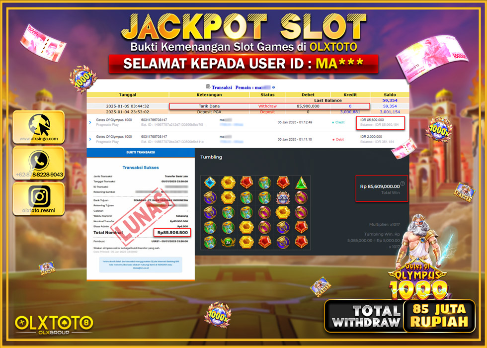 OLXTOTO JACKPOT  SLOT GATES OF OLYMPUS 1000  Rp.85.900.000.,- LUNAS