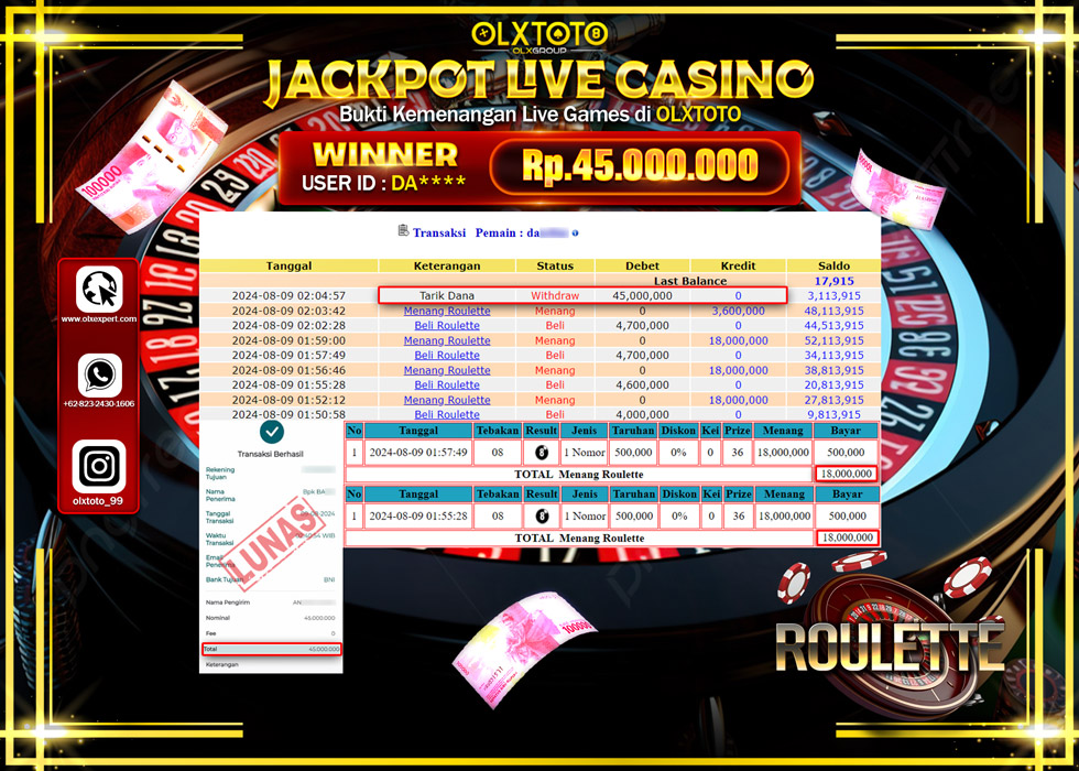 OLXTOTO JACKPOT  LIVE GAMES ROULETTE Rp.45.000.000.,- LUNAS