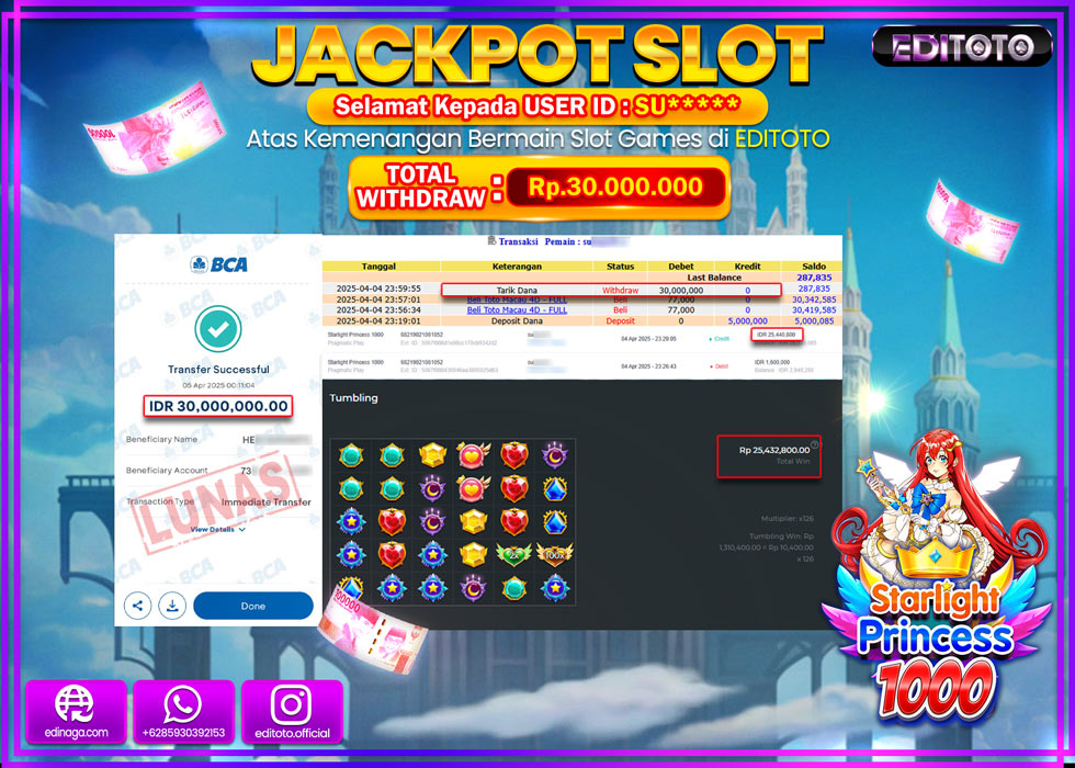 JACKPOT SLOT STARLIGHT PRINCESS 1000 Rp.30.000.000.,- LUNAS
