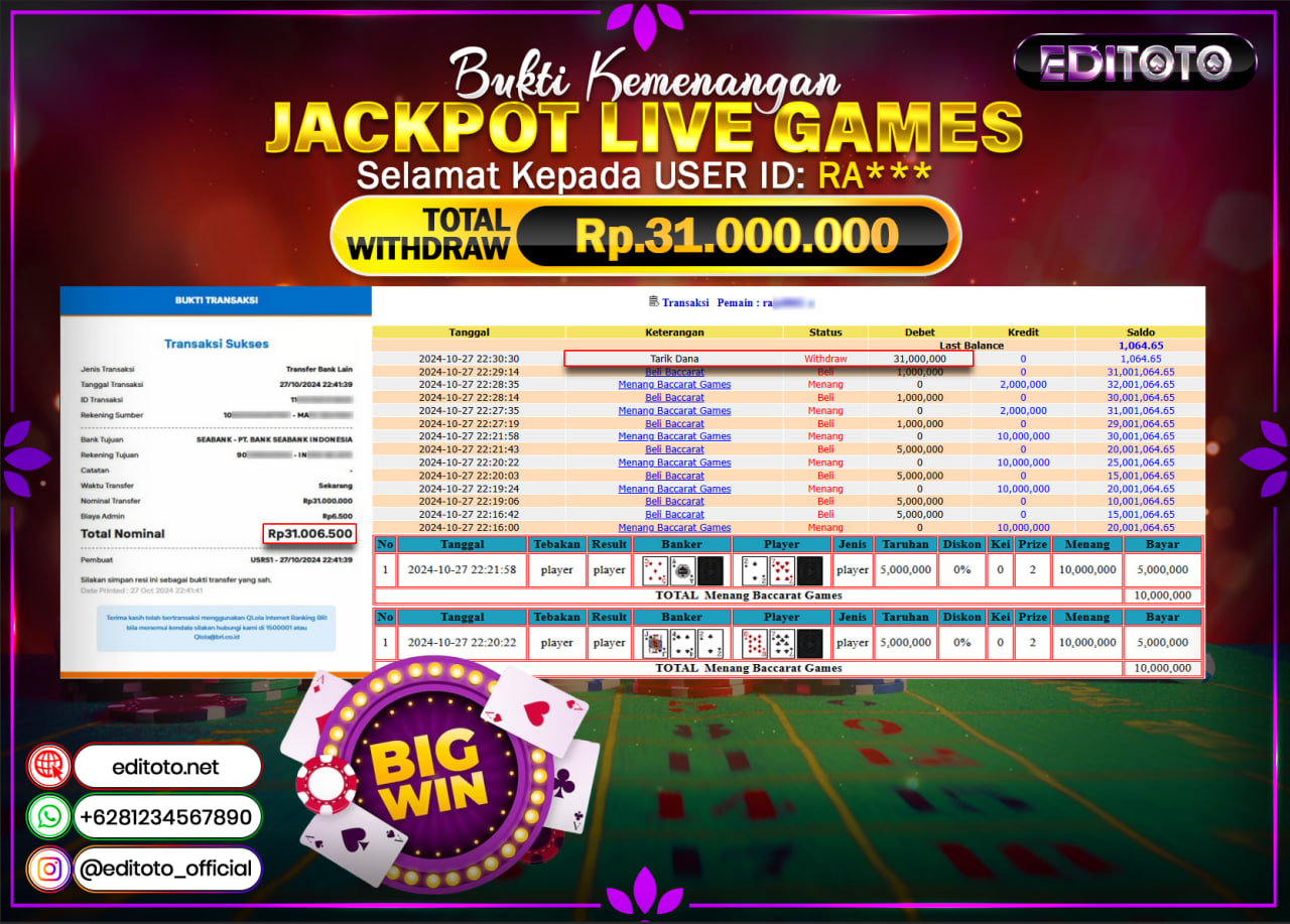 JACKPOT LIVE GAME BACCARAT Rp.31.000.000.,- LUNAS