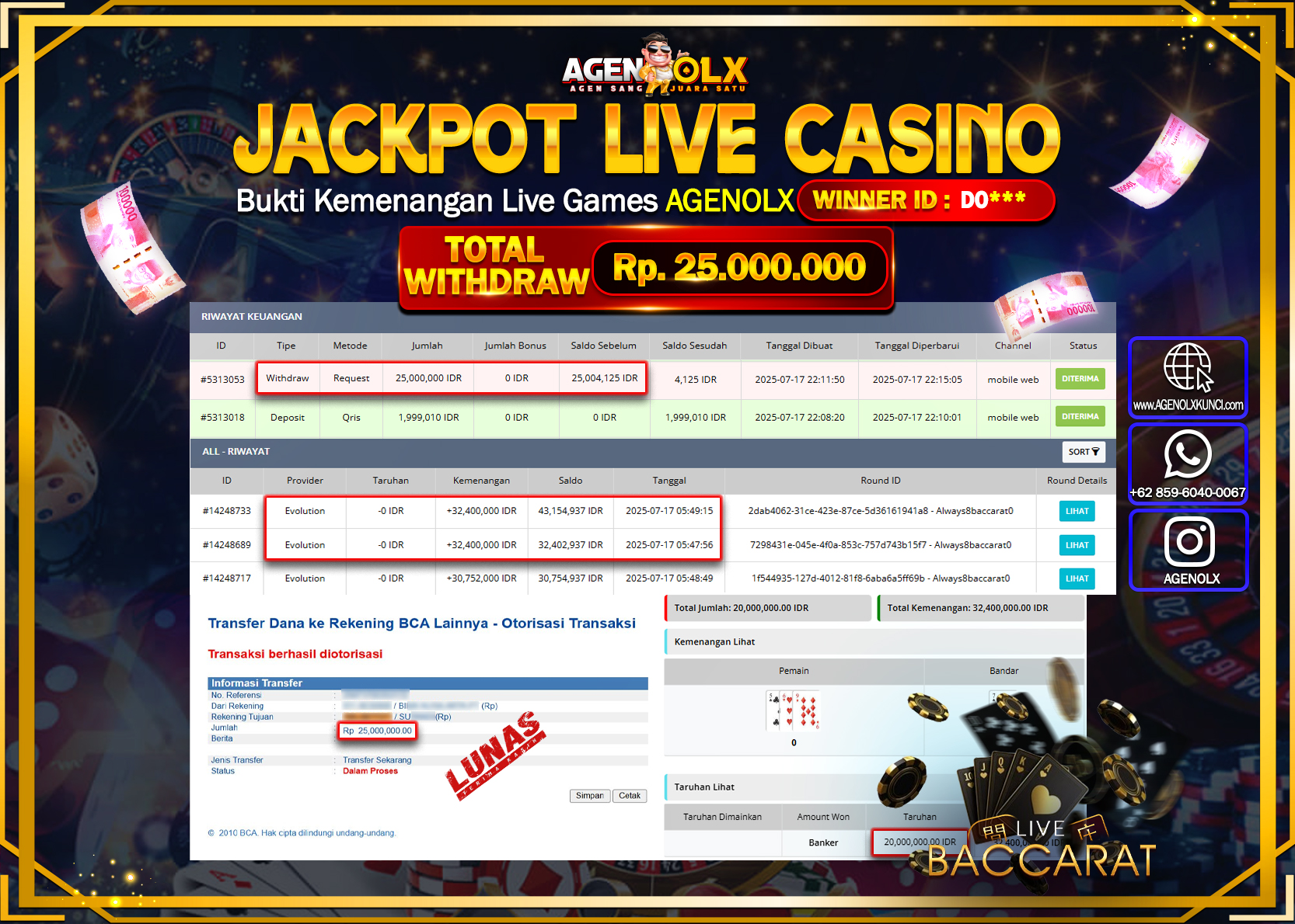AGENOLX JACKPOT  LIVE CASSINO ALWAYS8BACCARAT  Rp 25.000.000,- LUNAS
