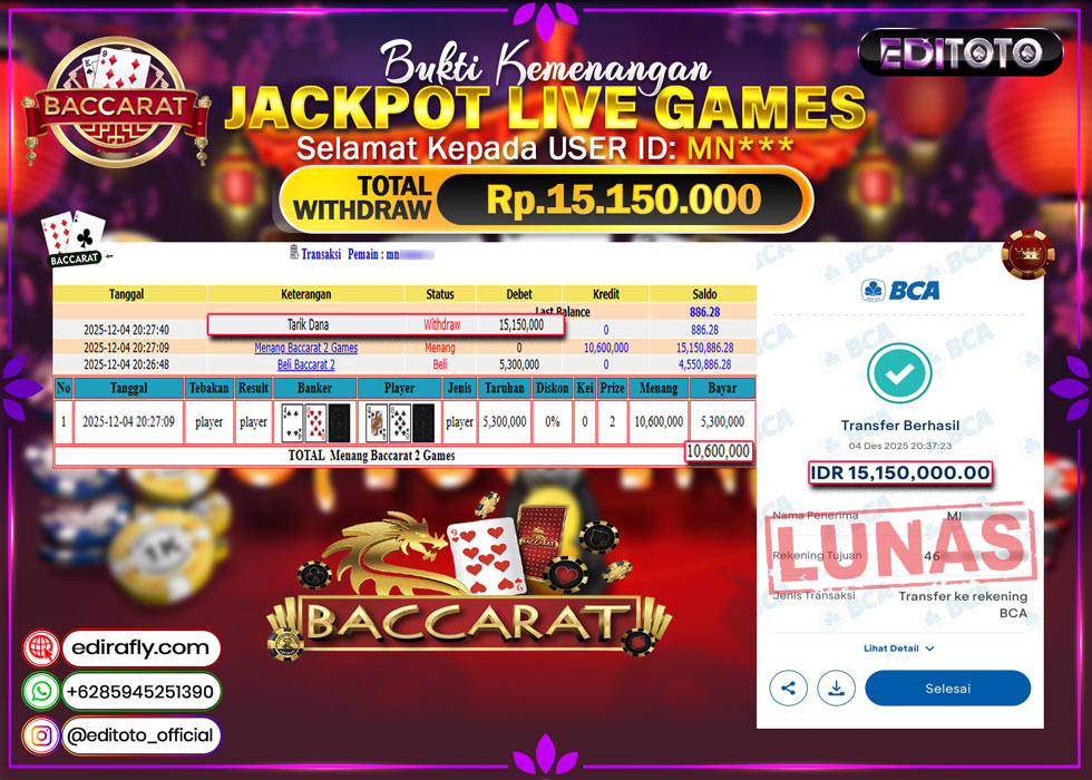 JACKPOT EDITOTO LIVE GAMES BACCARAT 2 Rp. 15.150.000.,- LUNAS