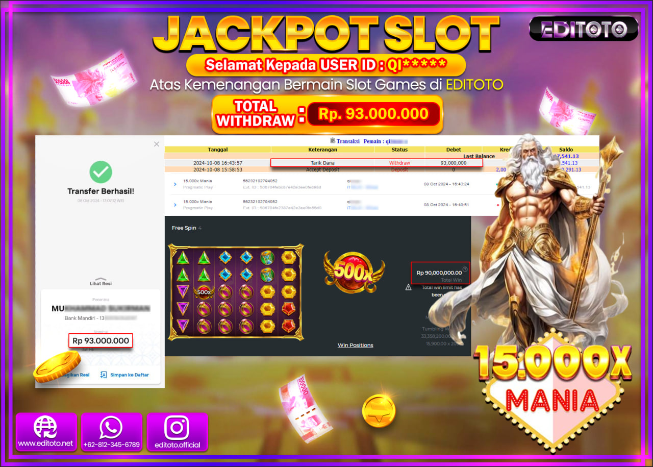 JACKPOT SLOT MANIA 15.000X  Rp.93.000.000.,- LUNAS