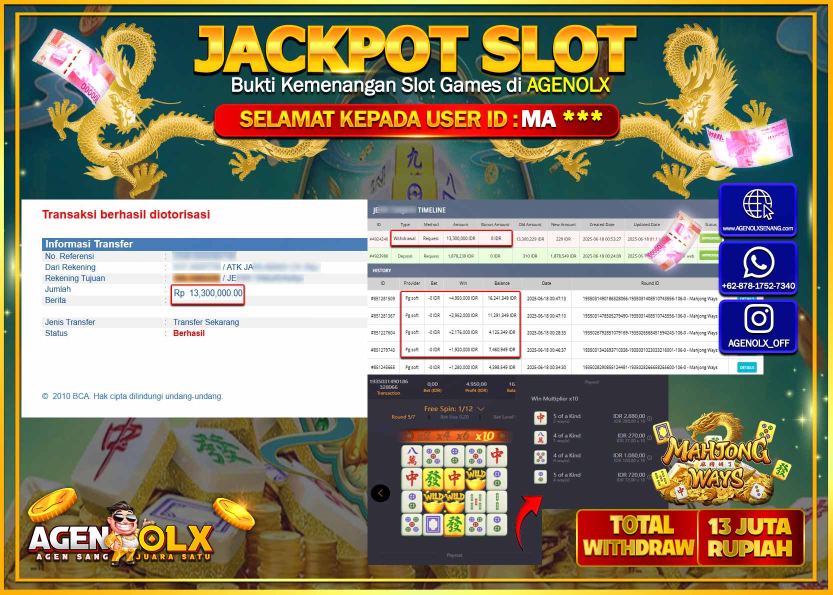 AGENOLX JACKPOT SLOT MAHJONG WAYS Rp 13.300.000,- LUNAS