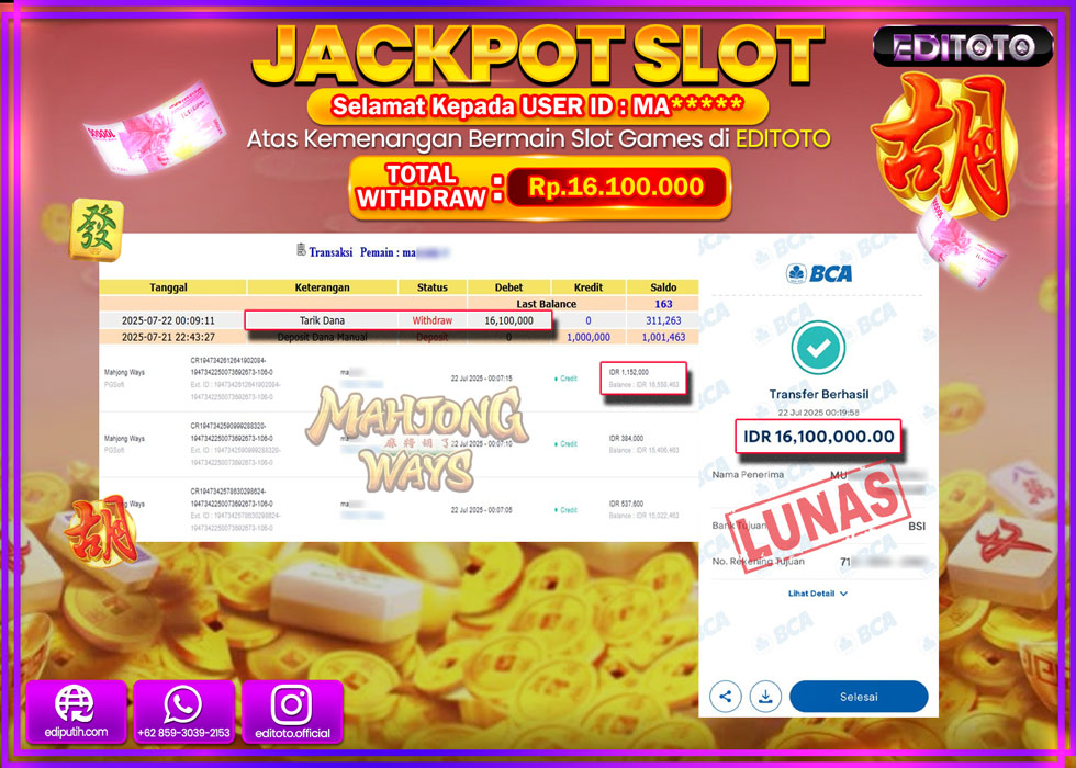 JACKPOT EDITOTO SLOT MAHJONG WAYS Rp.16.100.000,- LUNAS 