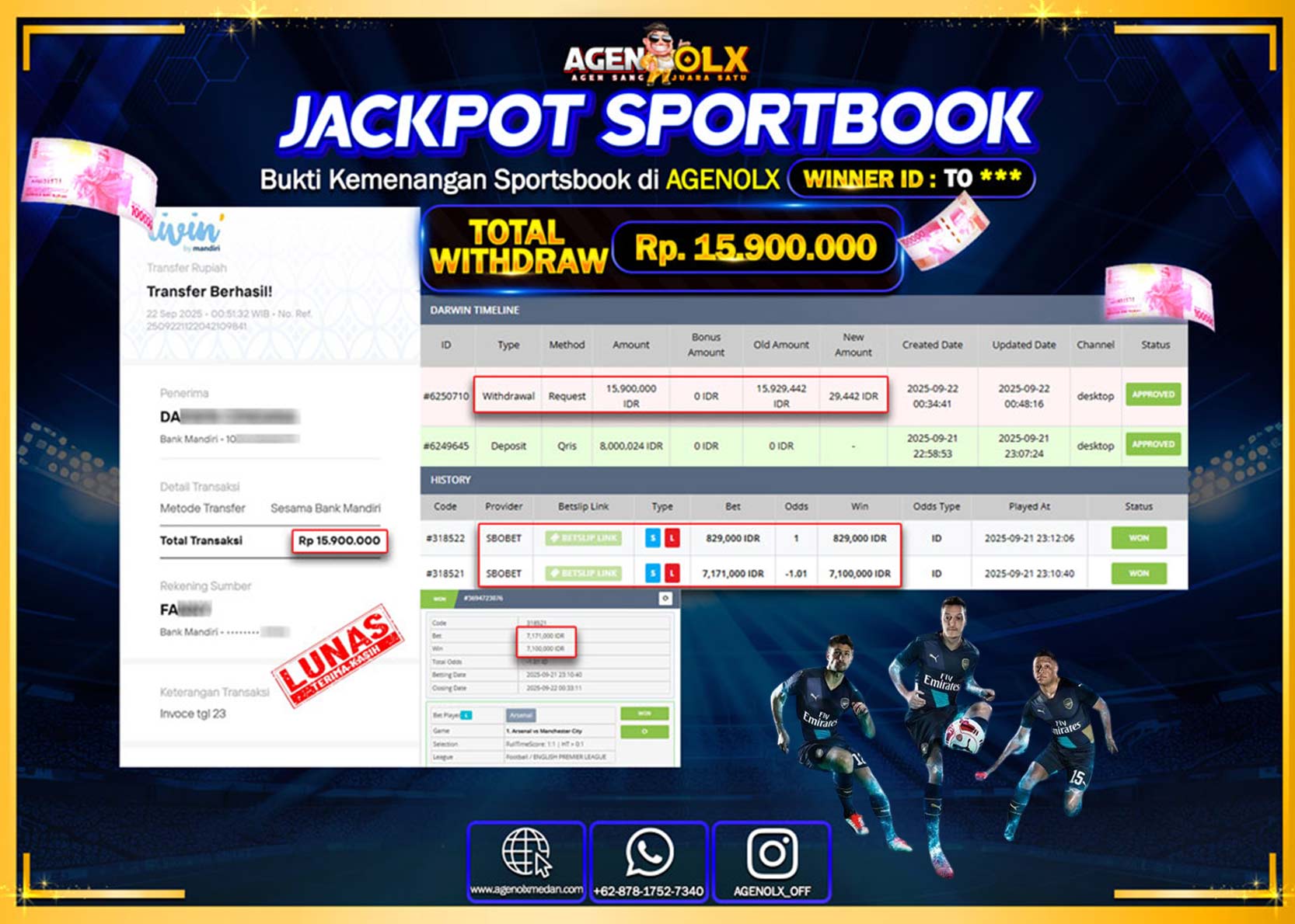 AGENOLX JACKPOT  SPORTBOOK  Rp 15,900,000,- LUNAS