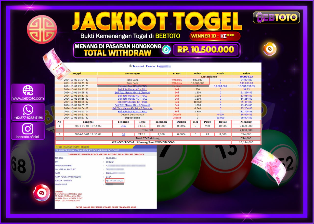 JACKPOT TOGEL BEBTOTO HONGKONG LOTTO Rp.10.500.000.,- LUNAS