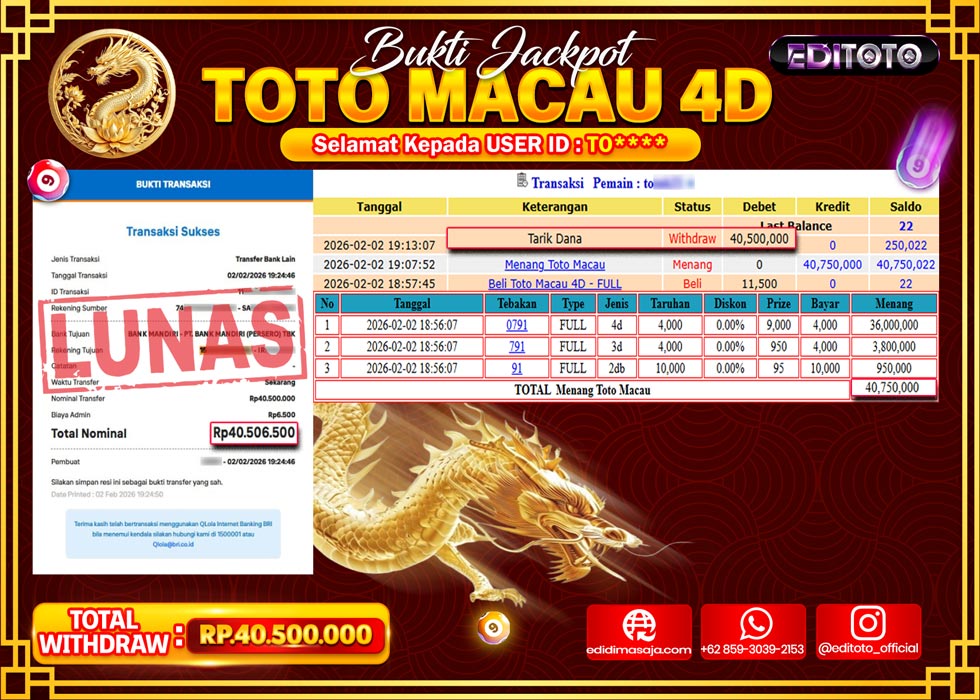 JACKPOT EDITOTO TOGEL PASARAN TOTO MACAU 4D Rp.40.500.000.,- LUNAS 