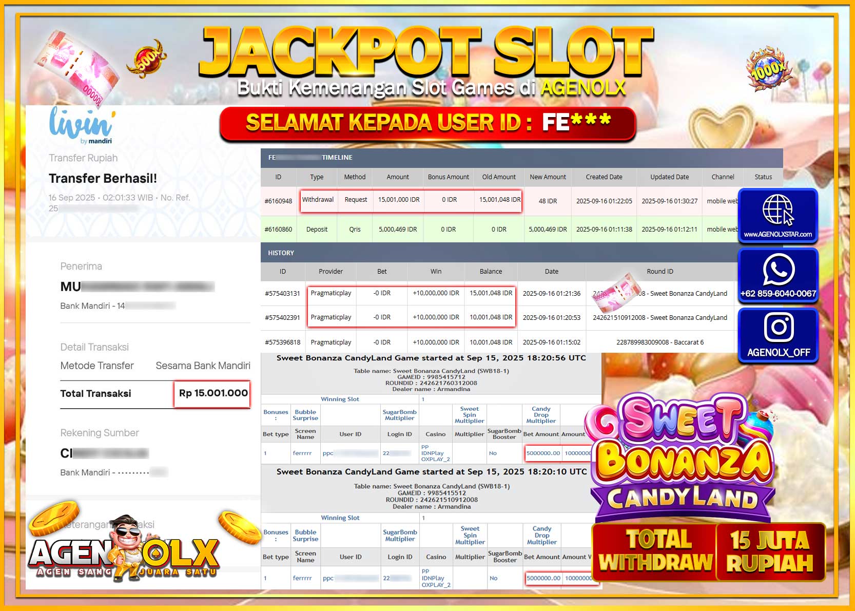 AGENOLX JACKPOT SLOT SWEET BONANZA CANDYLAND Rp 15,000,001,- LUNAS