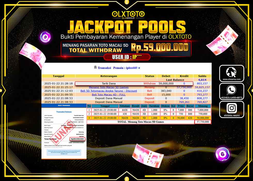 OLXTOTO JACKPOT  TOGEL POOL TOTO MACAU 5D Rp.59.000.000.,- LUNAS