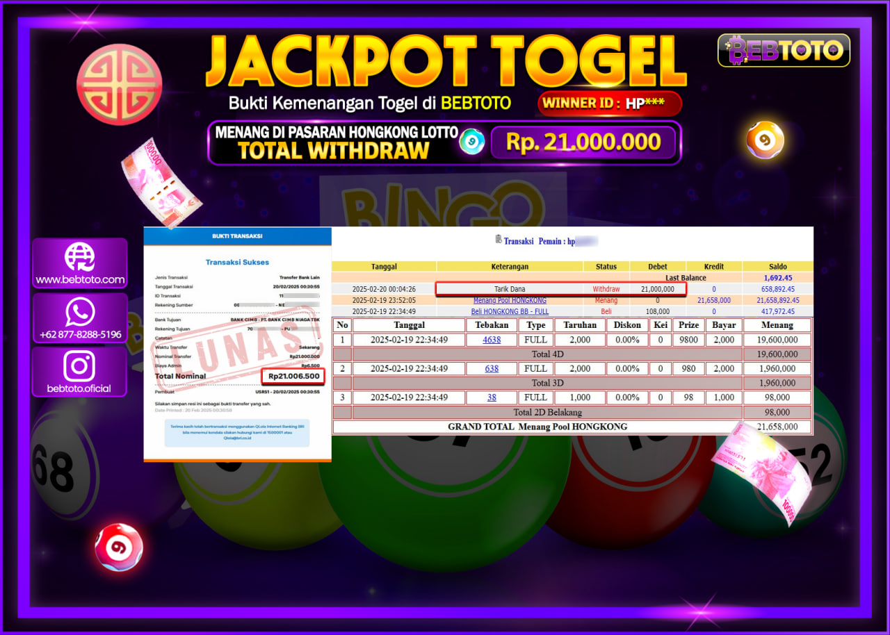 JACKPOT TOGEL BEBTOTO HONGKONG LOTTO  Rp.21.000.000.,- LUNAS