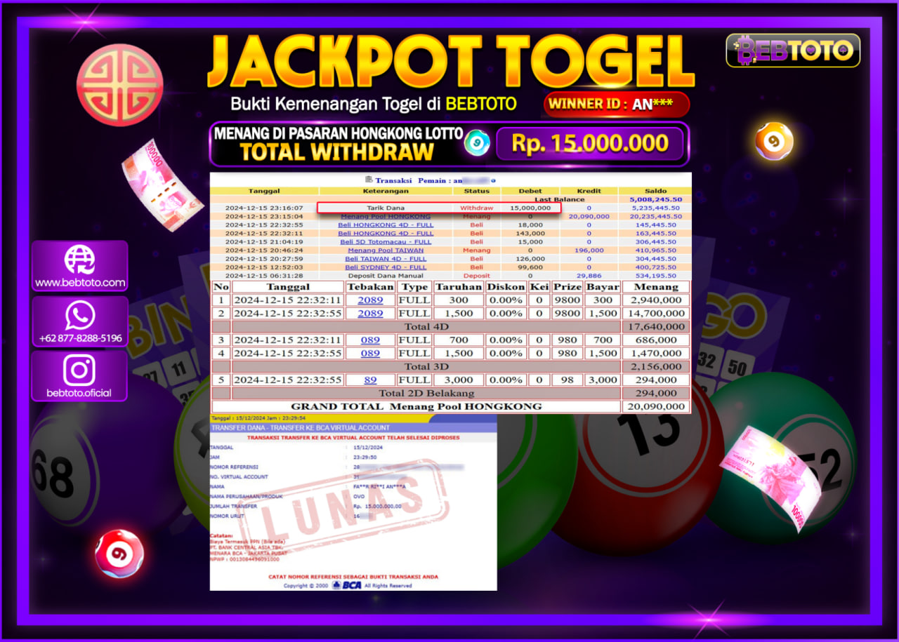 JACKPOT TOGEL BEBTOTO HONGKONG LOTTO Rp.15,000,000.,- LUNAS