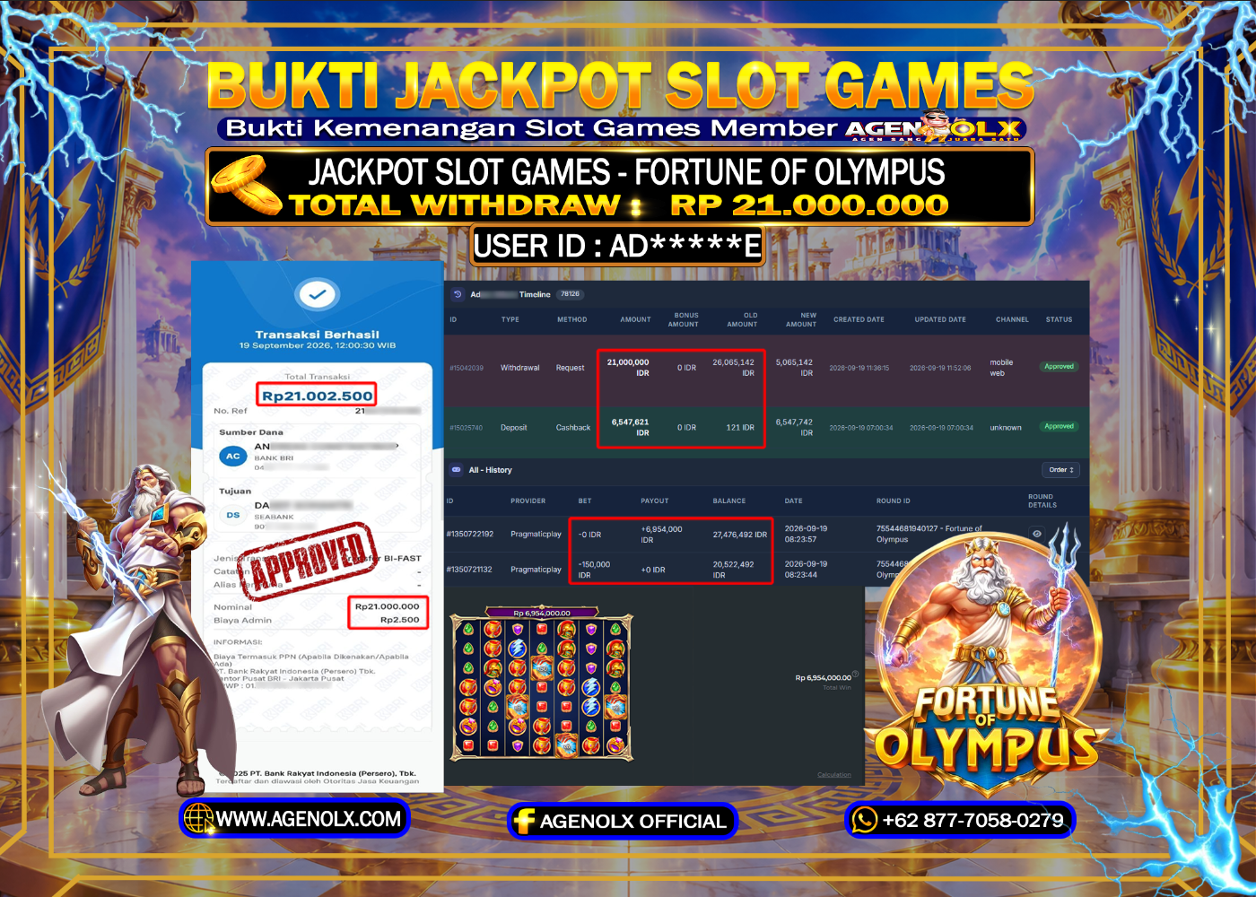 AGENOLX JACKPOT SLOT -  FORTUNE OF OLYMPUSS - RP 21.000,000 - LUNAS