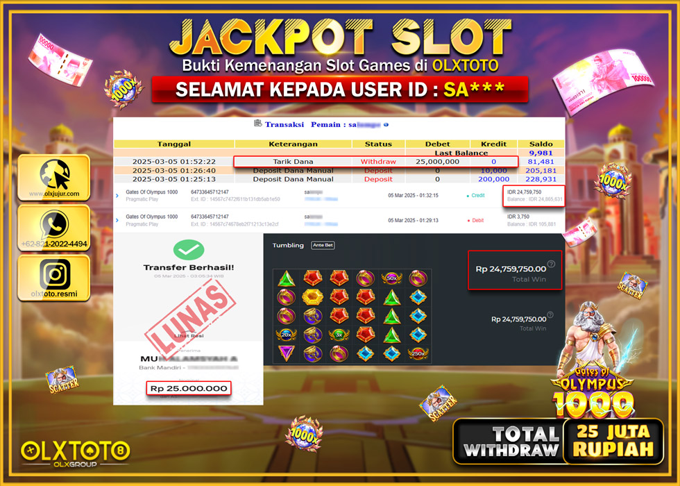 OLXTOTO JACKPOT GATES OF OLYMPUS 1000 Rp.25.000.000.,- LUNAS