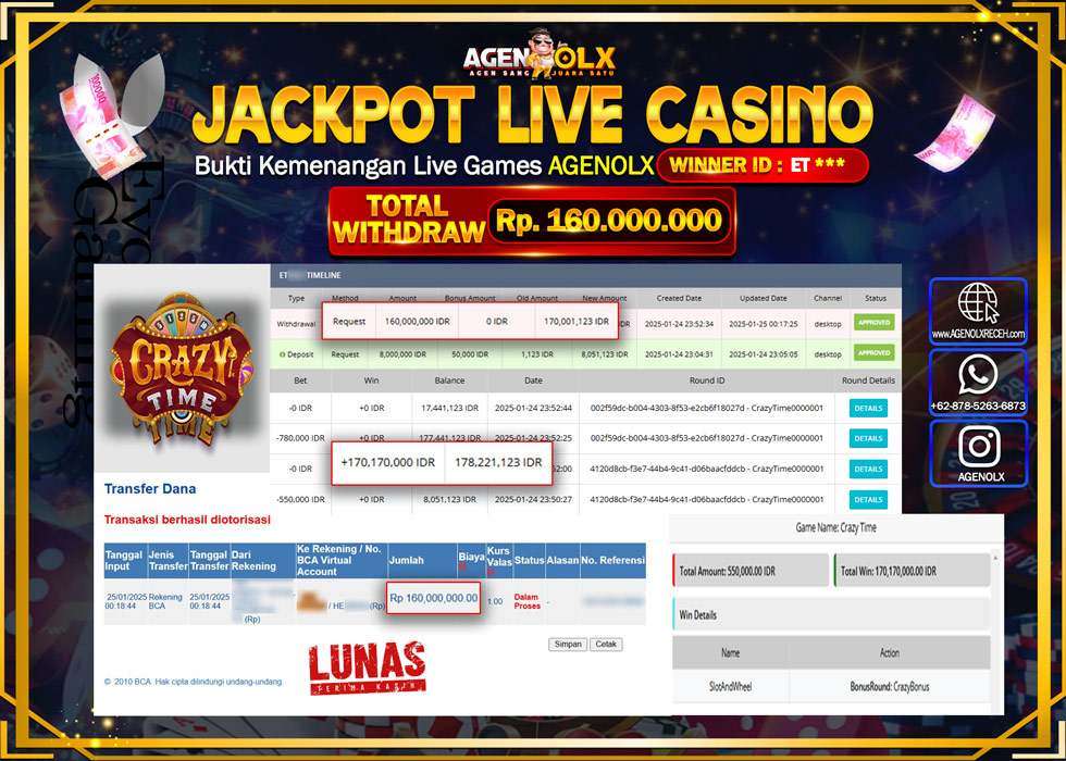 AGENOLX JACKPOT LIVE LIVE CASINO CRAZY TIME Rp 160.000.000,- LUNAS