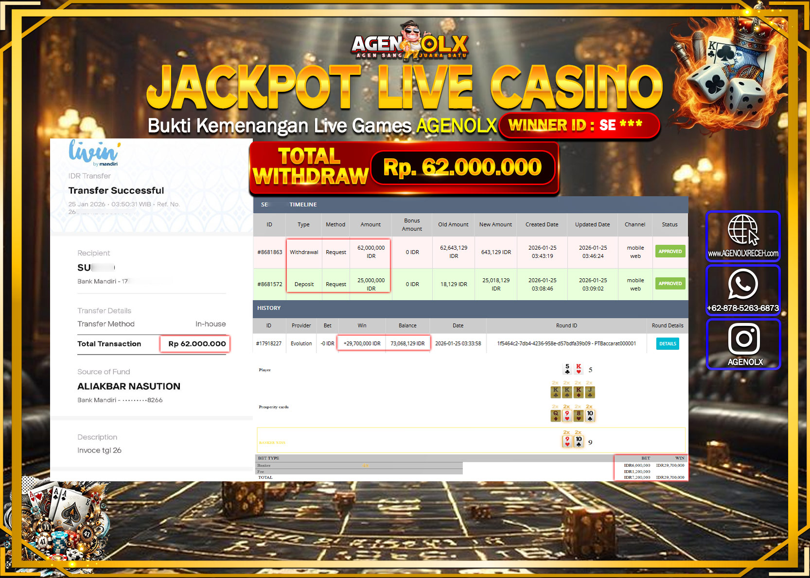 AGENOLX JACKPOT EVOLUTION BACCARAT 01 Rp 62.000.000 - LUNAS
