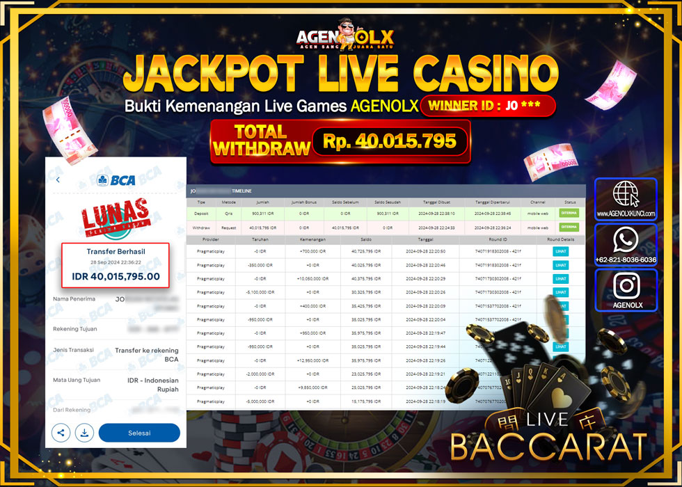AGENOLX JACKPOT LIVE CASINO BACCARAT Rp.40.015.795,- LUNAS