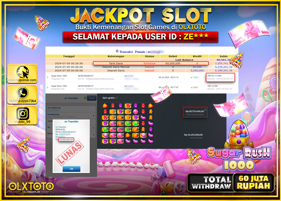 OLXTOTO JACKPOT  SLOT SUGAR RUSH 1000 Rp.60.000.000.,- LUNAS
