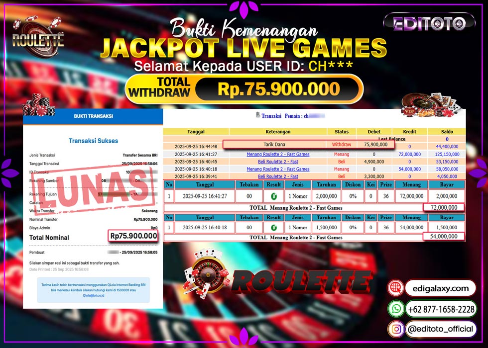 JACKPOT EDITOTO LIVE GAMES ROULETTE Rp. 75.900.000.,- LUNAS