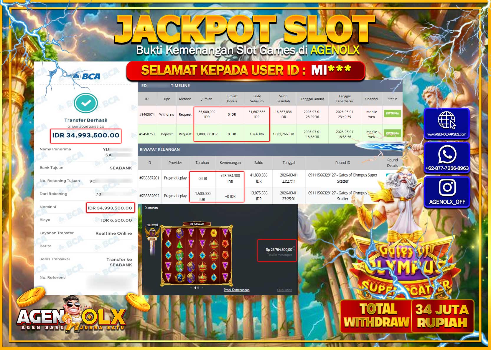 AGENOLX JACKPOT SLOT GATES OF OLYMPUS SUPER SCATTER  Rp 34.993.000- LUNAS