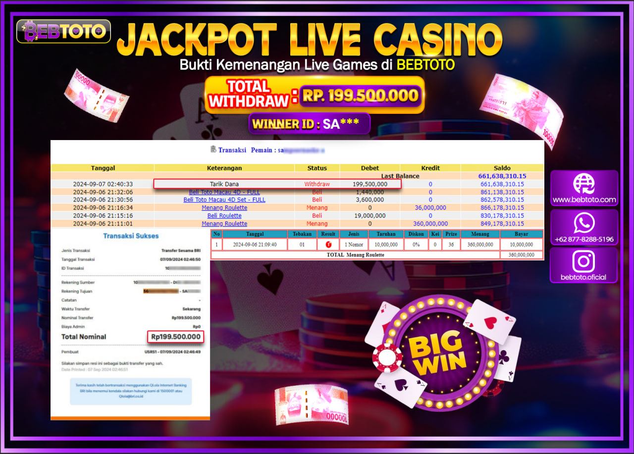 JACKPOT LIVE CASINO BEBTOTO ROULLETE Rp.199.500.000.,- LUNAS