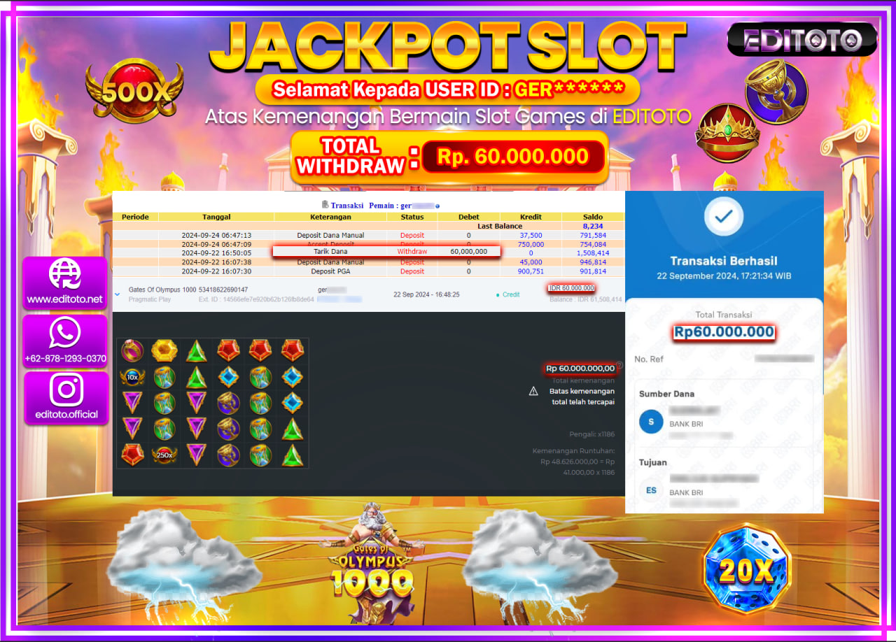 JACKPOT SLOT GATES OF OLYMPUS 1000   Rp.60.000.000.,- LUNAS