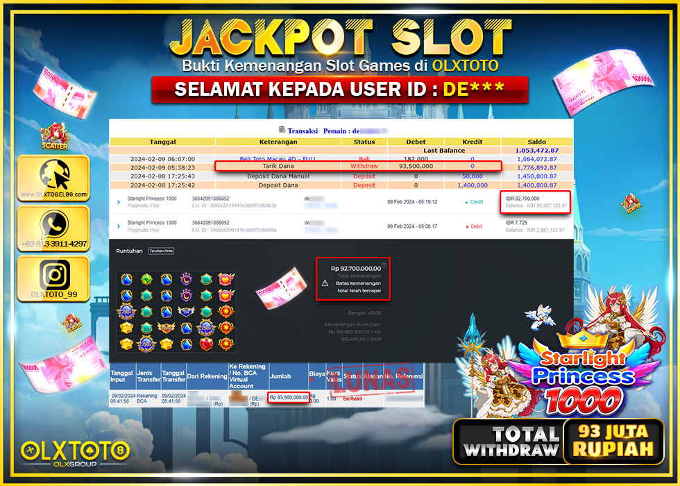 OLXTOTO JACKPOT SLOT STARLIGHT PRINCESS 1000 Rp.93.500.0000.,- LUNAS