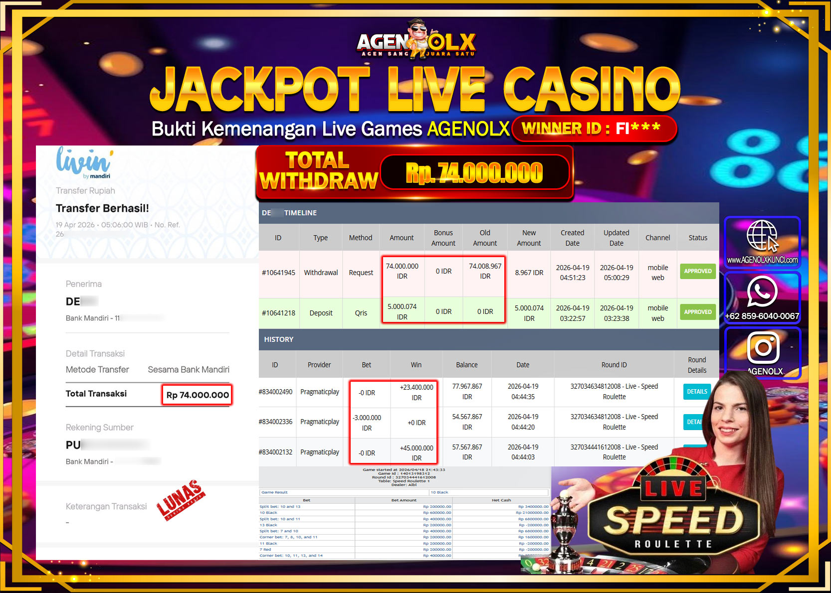 AGENOLX JACKPOT LIVE CASINO ROULETTE  Rp 74.000.000- LUNAS