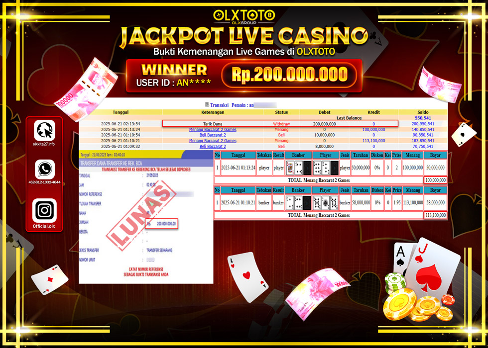 BONDAN69 JACKPOT LIVE GAMES BACCARAT GAMES Rp.200.000.000.,- LUNAS