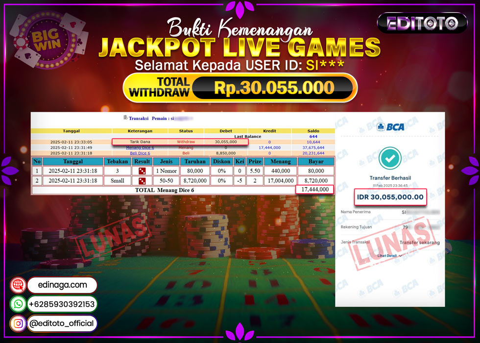 JACKPOT LIVE GAMES DICE 6  Rp.30.055.000.,- LUNAS