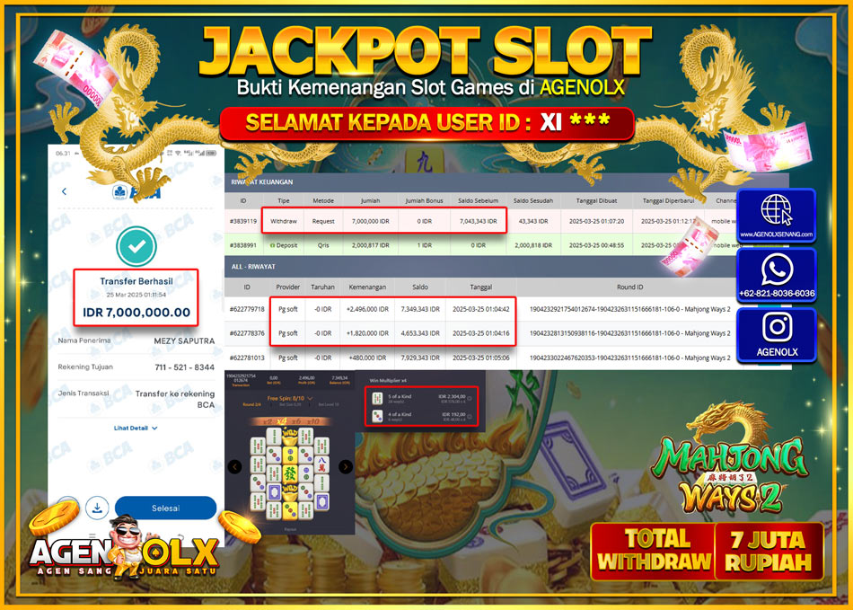 AGENOLX JACKPOT SLOT MAHJONG WAYS 2  Rp 7.000.000,- LUNAS