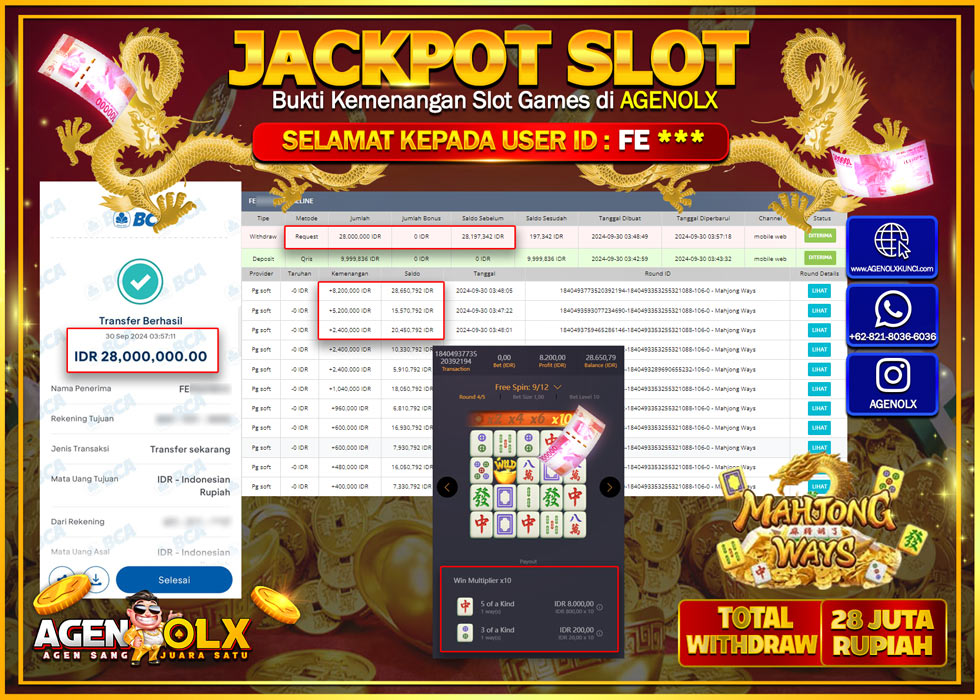 AGENOLX JACKPOT  SLOT WILD MAHJONG WAYS Rp.28.000.000,- LUNAS