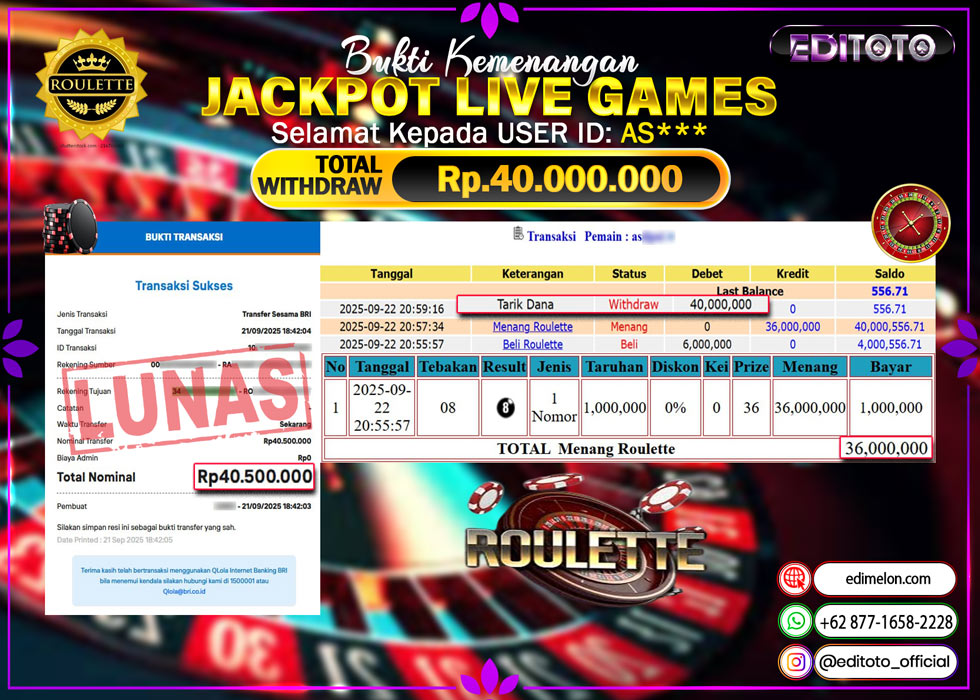 JACKPOT EDITOTO LIVE GAMES ROULETTE Rp. 40.000.000.,- LUNAS