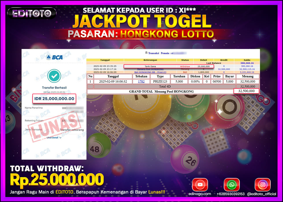 JACKPOT TOGEL PASARAN HONGKONG LOTTO Rp.25.000.000.,- LUNAS