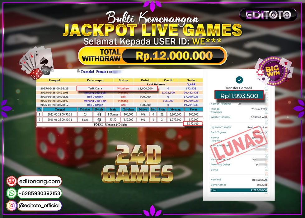 JACKPOT EDITOTO LIVE GAMES 24D Rp. 12.000.000.,- LUNAS