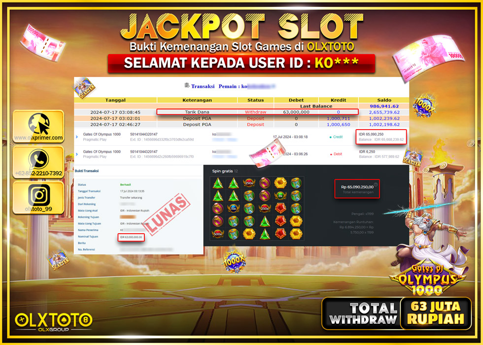 OLXTOTO JACKPOT  SLOT GATES OF OLYMPUS 1000 Rp.63.000.000.,- LUNAS