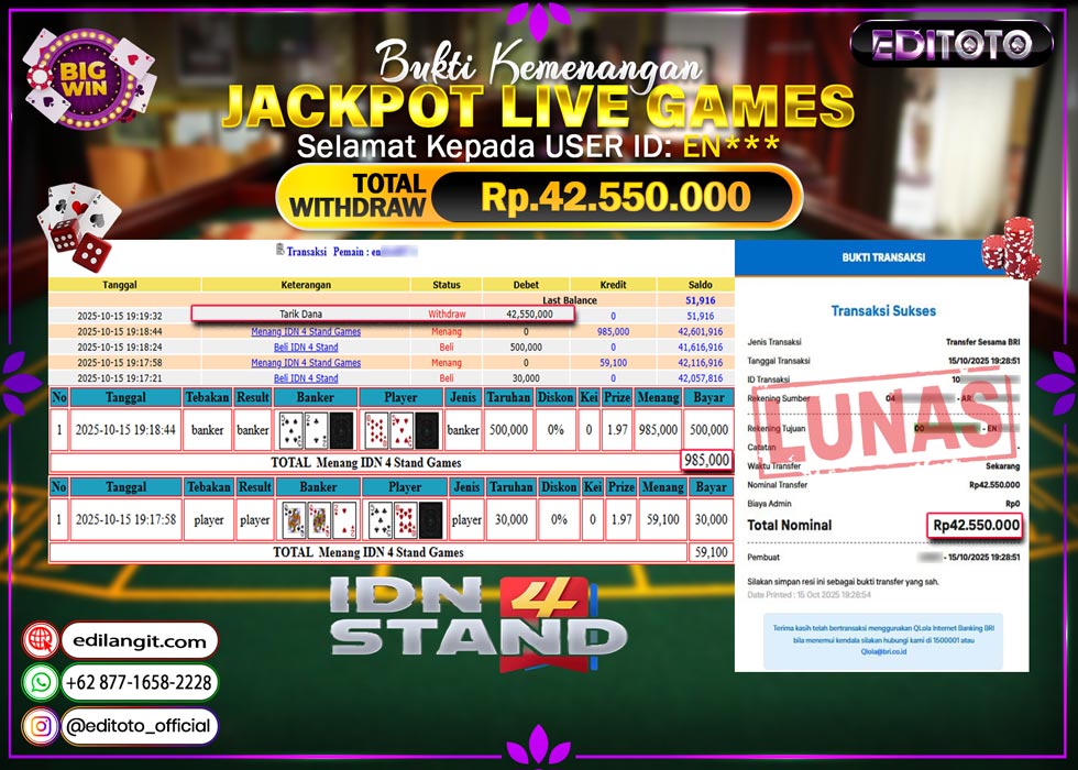 JACKPOT EDITOTO LIVE GAMES IDN 4 STAND  Rp. 42.550.000.,- LUNAS