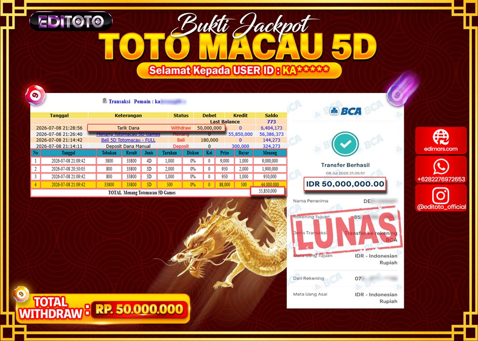 JACKPOT EDITOTO TOGEL PASARAN TOTO MACAU 5D Rp.50.000.000.,- LUNAS