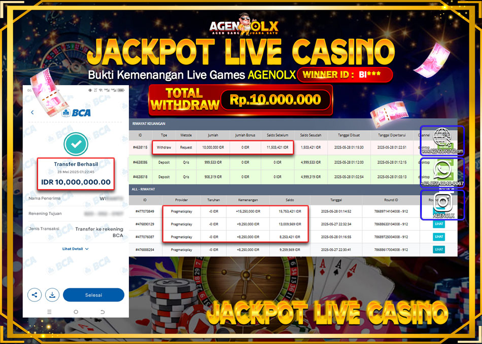 AGENOLX JACKPOT LIVE CASSINO Rp 10.000.000,- LUNAS