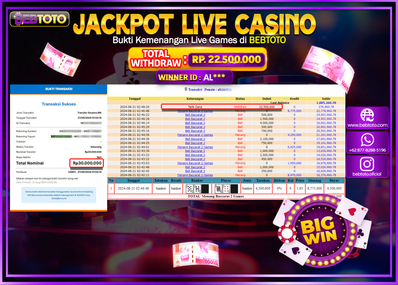 JACKPOT LIVE CASINO BEBTOTO BACCARAT Rp.22.500.000.,- LUNAS