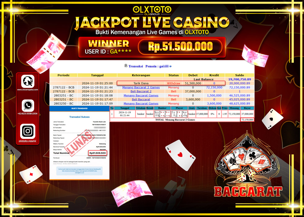OLXTOTO JACKPOT  LIVE GAMES BACCARAT 2 Rp.51.500.000.,- LUNAS