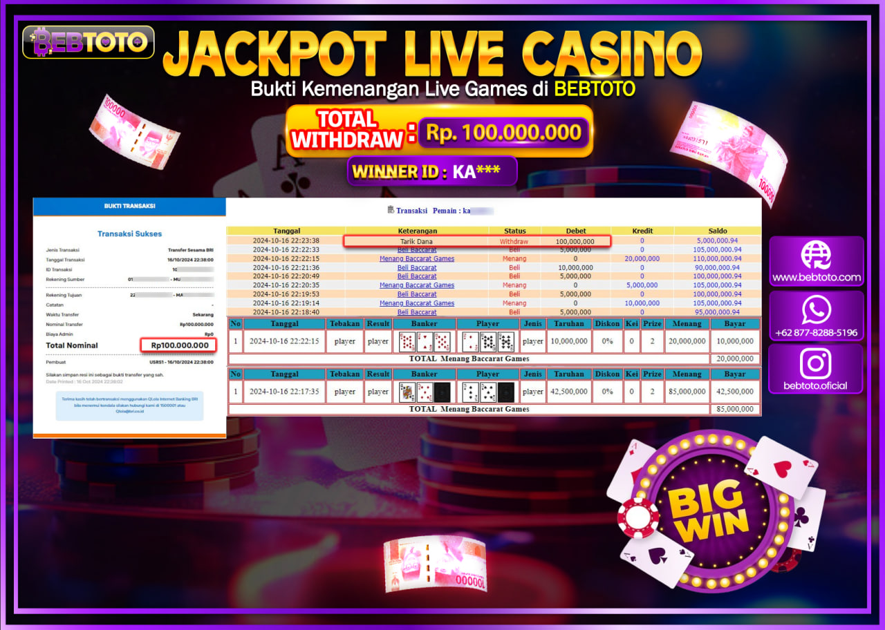 JACKPOT LIVE CASINO BEBTOTO BACCARAT Rp.100.000.000.,- LUNAS