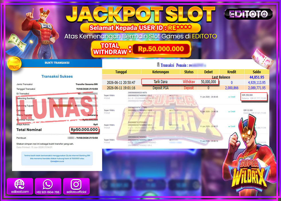 JACKPOT EDITOTO SLOT SUPER WILDRIX Rp.50.000.000,- LUNAS